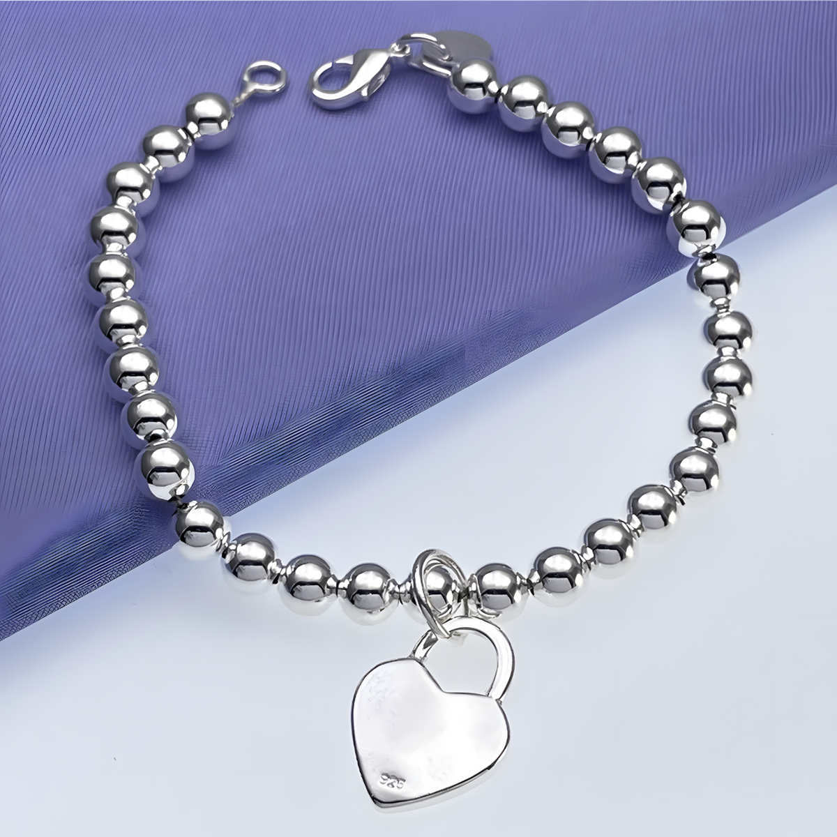 925 Sterling Silver 6MM beads chain charm Heart Pendant Bracelets for Women 1731