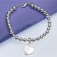 925 Sterling Silver 6MM beads chain charm Heart Pendant Bracelets for Women 1731