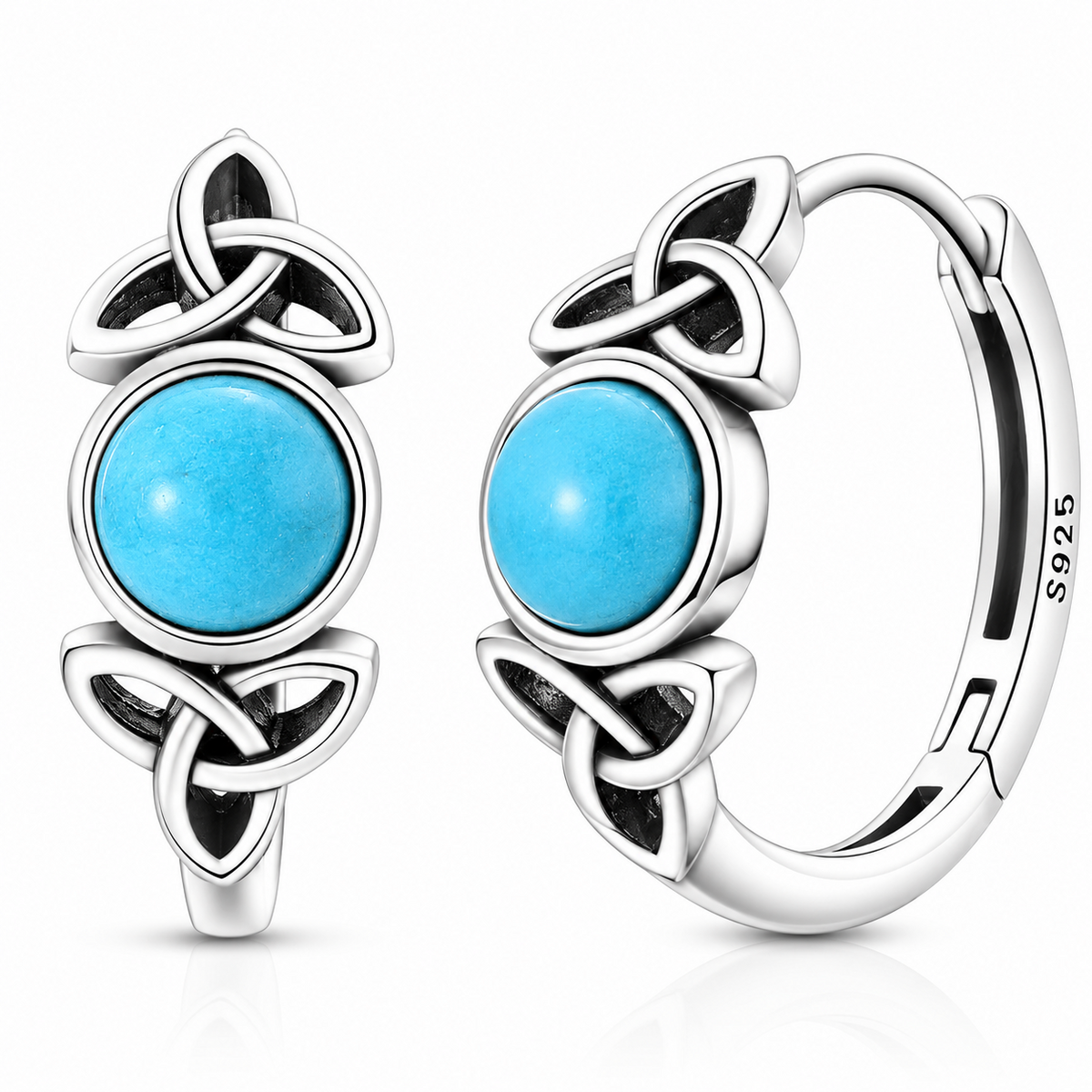 Celtic Knot Hoop Earrings for Women - Blue Turquoise Round Stone, 18.2mm 1802