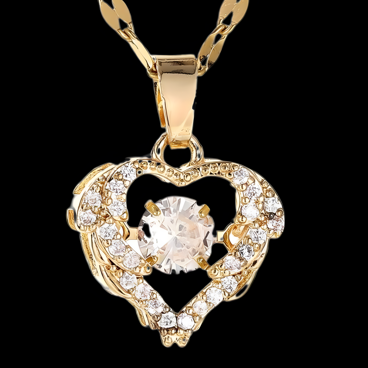 Gold Tone Stainless Steel Heart Pendant Necklace Women Sparkling Clear Stone B49