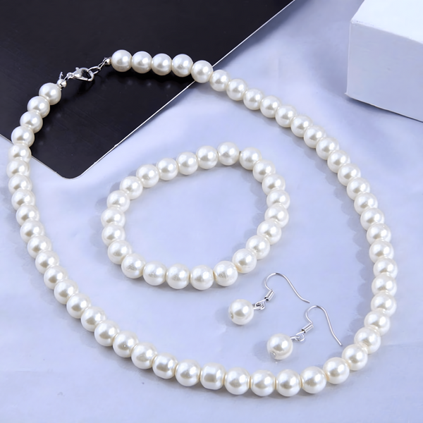 3 Piece Pearl Bead Jewelry Set - White Pearl Necklace, Bracelet & Earrings 714