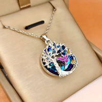 Tree of Life Hummingbird Necklace 925 Sterling Silver Pendant Blue Crystal - B57