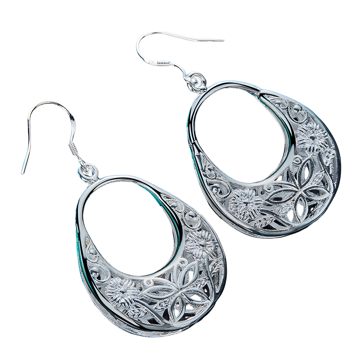 Floral Filigree Oval Drop Earrings for Women–Zinc Alloy with Silver Plating 1213