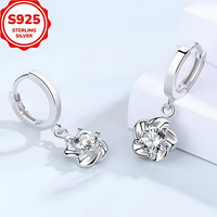 925 Sterling Silver Flower Drop Earrings Women Platinum-Plated Hoop Design 819