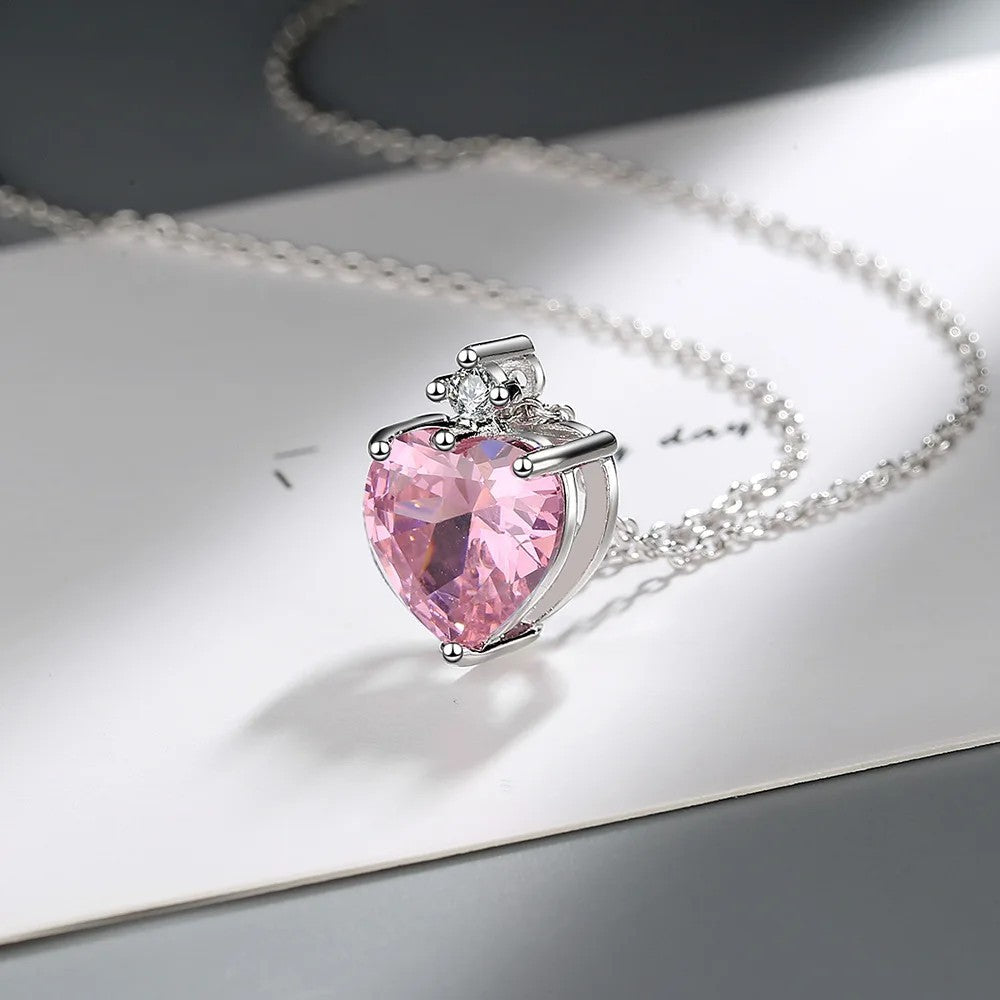 Heart Pendant Necklace For Women Pink Cubic Zirconia Silver Plated 1435