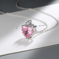 Heart Pendant Necklace For Women Pink Cubic Zirconia Silver Plated 1435
