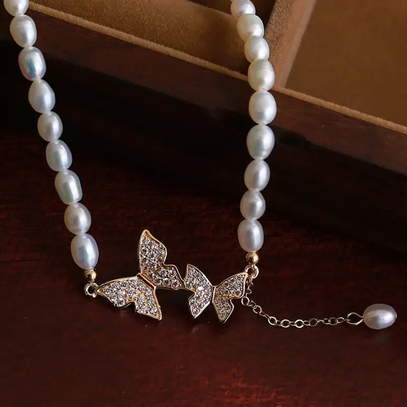 Butterfly Necklace Faux Pearls Beads Elegant Beaded Necklace Lovely Neck 84 UK