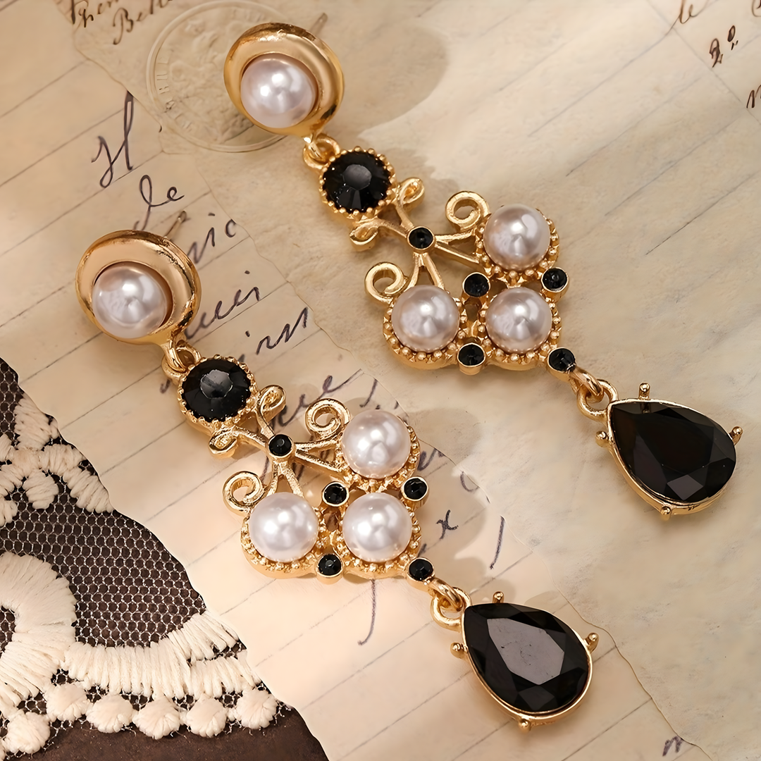 Gold Plated Drop Earrings – Black Rhinestone & Pearl Accent Vintage Earrings 738