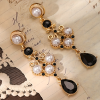 Gold Plated Drop Earrings – Black Rhinestone & Pearl Accent Vintage Earrings 738