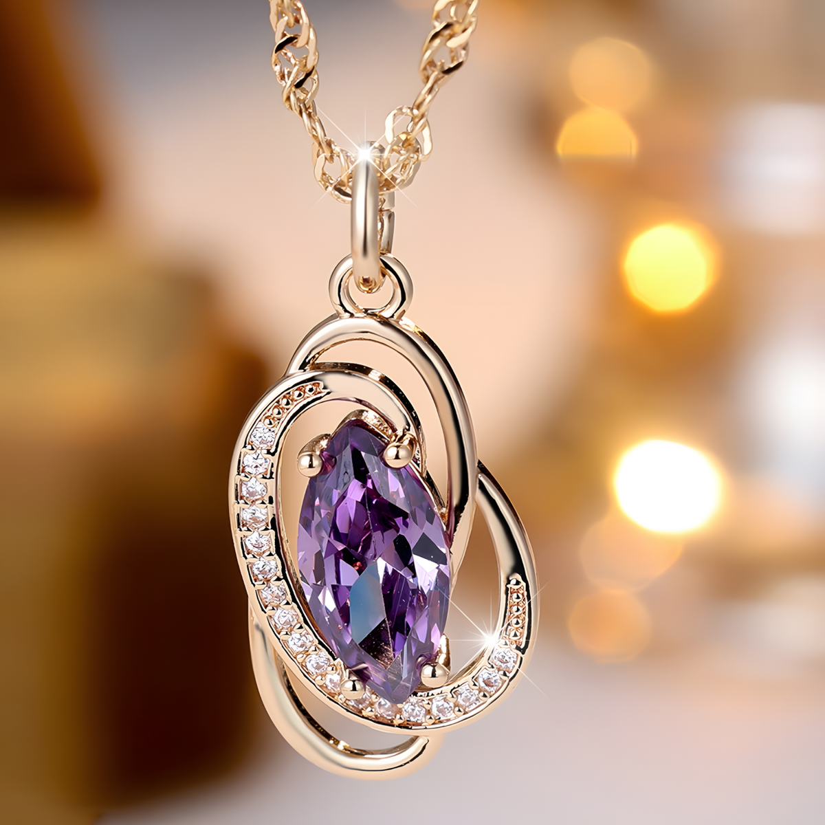 585 Rose Gold Plated Oval Purple Cubic Zirconia Pendant Necklace for Women 1288