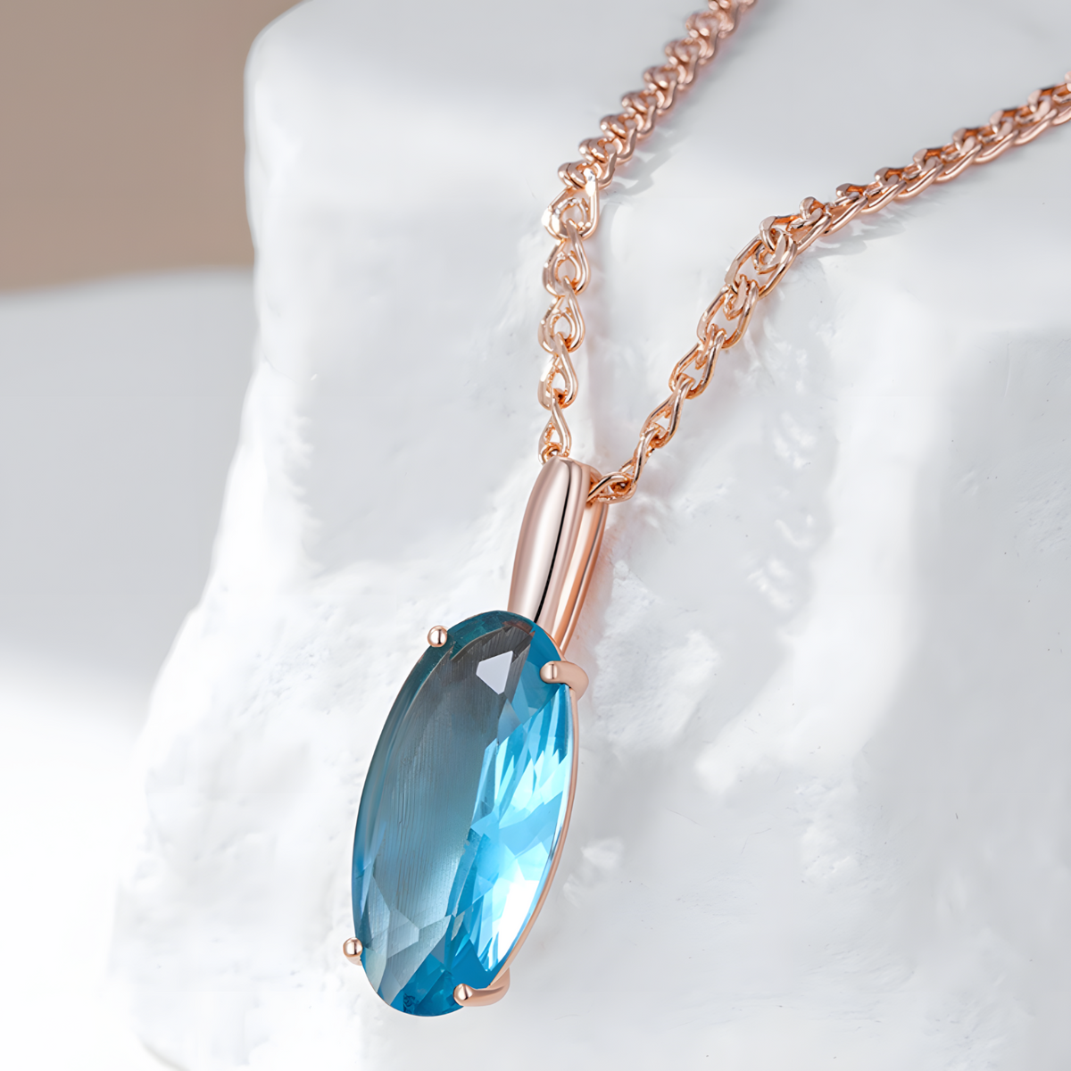 Blue Natural Zircon Pendant Necklace for Women, 585 Rose Gold Color Copper 1266