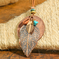 Boho Vintage Leaf Jewellery Set For Women, Layered Round Pendant Necklace 1704