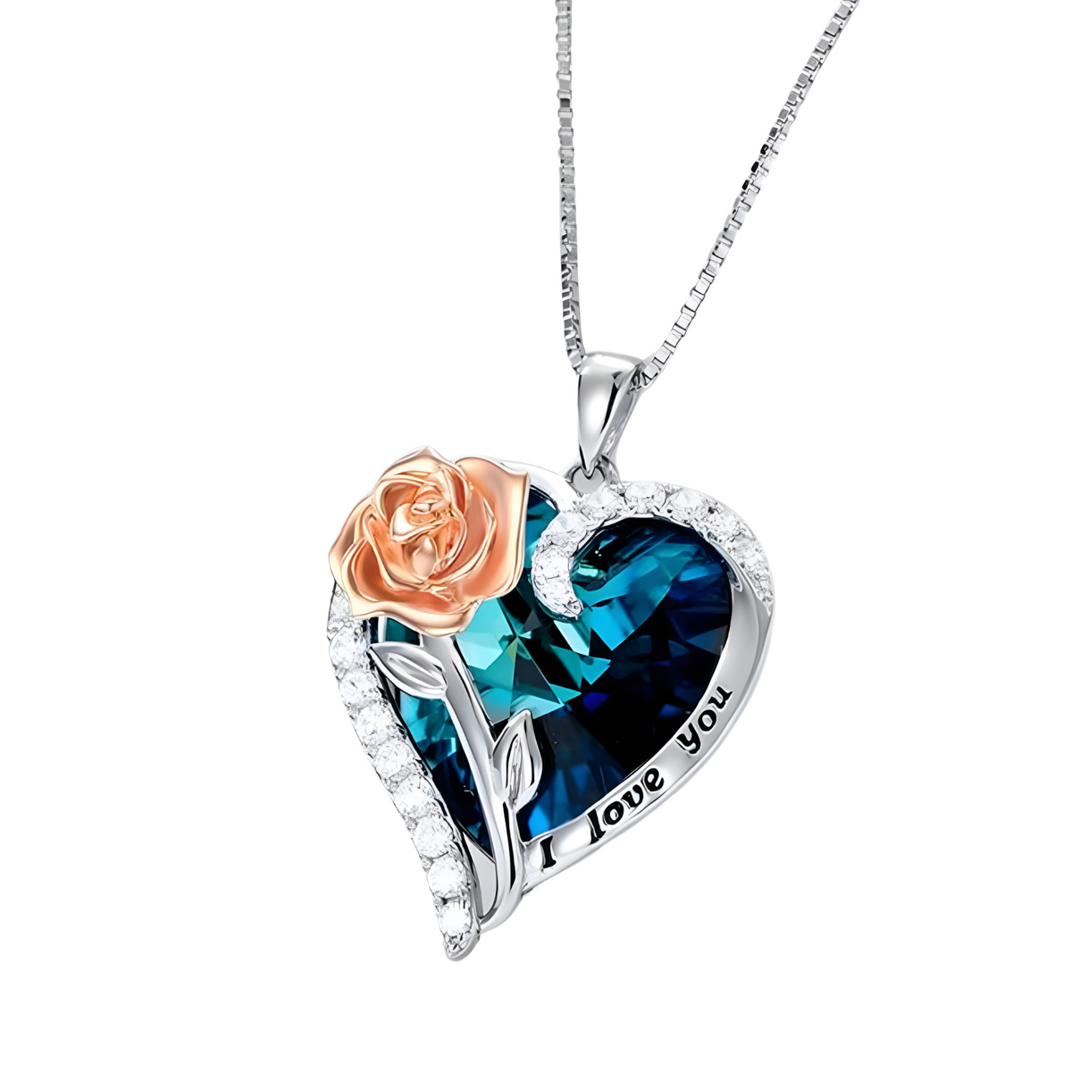 Fashion "I Love You" Rose Flower Pendant Necklace Ladies Heart Crystal Jewel B14