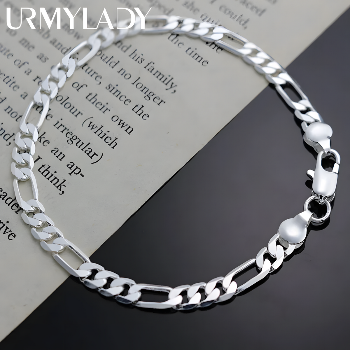 925 Silver-Plated Figaro Link Bracelet Durable Iron Alloy Chain with Secure 877