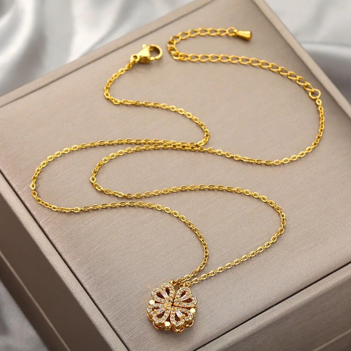 Magnetic Four Leaf Clover Necklace, Gold-Toned Chain, Sparkling CZ Stones 373