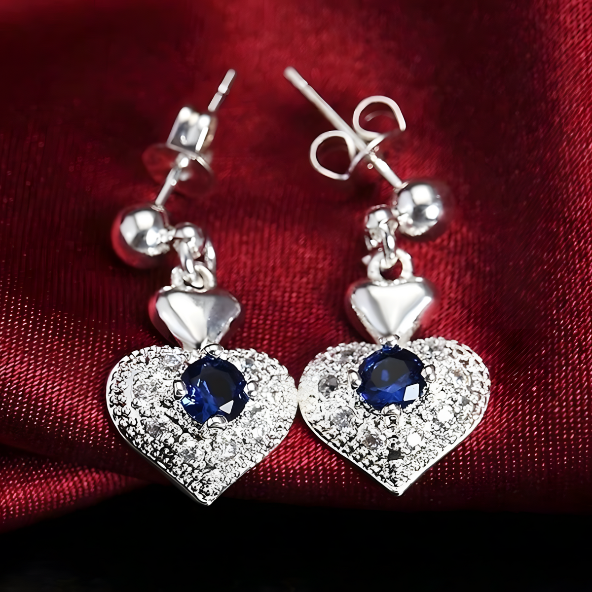 Silver Plated Copper Alloy Heart Jewellery Set For Women, Blue Rhinestone 1706