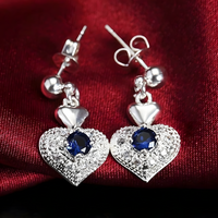 Silver Plated Copper Alloy Heart Jewellery Set For Women, Blue Rhinestone 1706