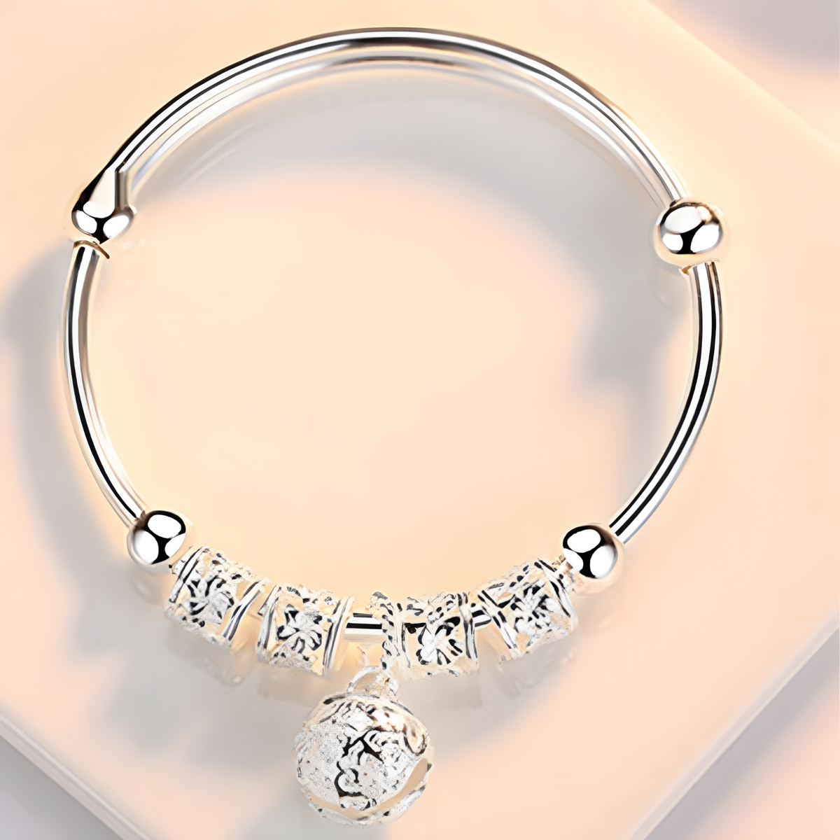 Sterling Silver Filigree Bell Bangle Women 925 Adjustable Open Cuff Bracelet 870