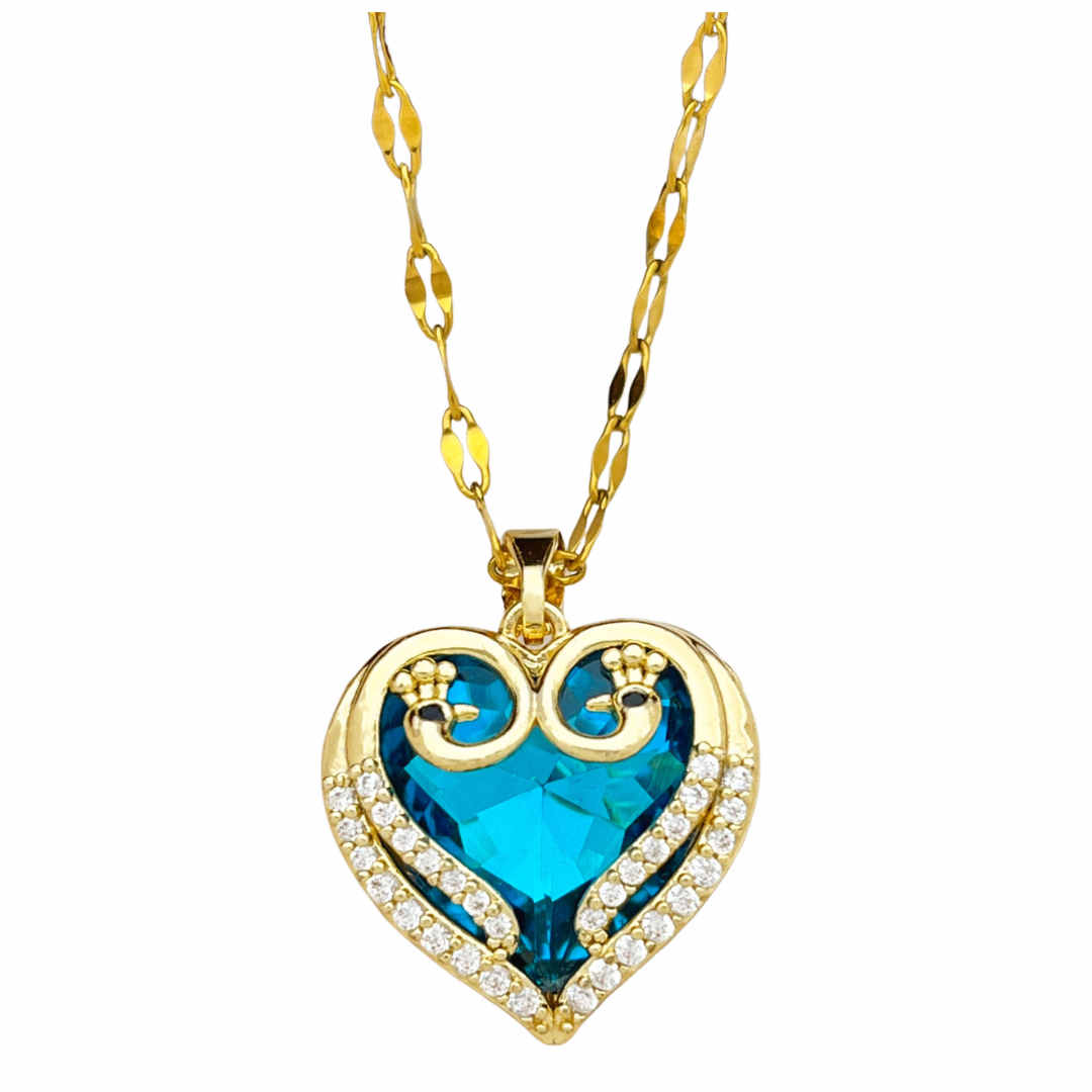 18K Gold Inlaid Cubic Zirconia Heart Pendant Necklace Blue Crystal Heart 1309