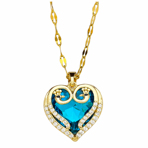 18K Gold Inlaid Cubic Zirconia Heart Pendant Necklace Blue Crystal Heart 1309