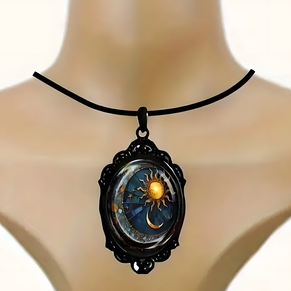 Vintage Sun And Moon Pendant Necklace For Men Women - Black Ornate Frame 1455