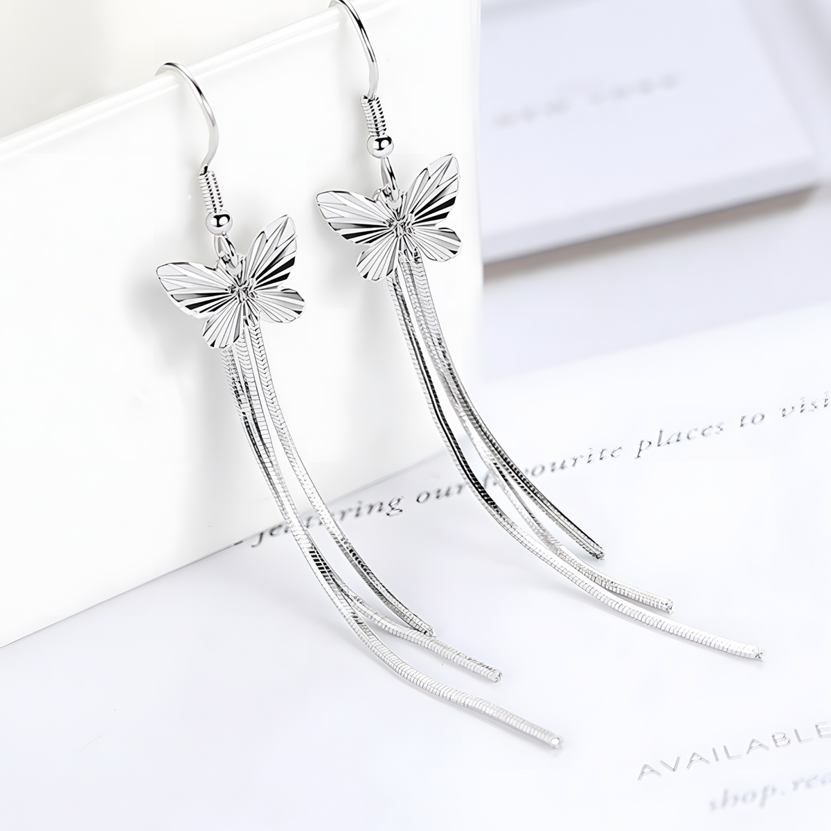 925 Silver-Plated Butterfly Tassel Drop Earrings Women – Long Silver Chains 1051