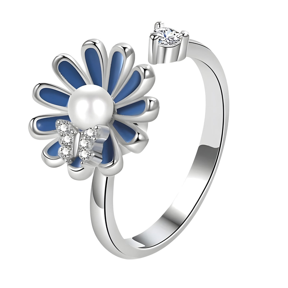 925 Sterling Silver Style, Rotating Flower, Pearl Center, Butterfly Accent 375