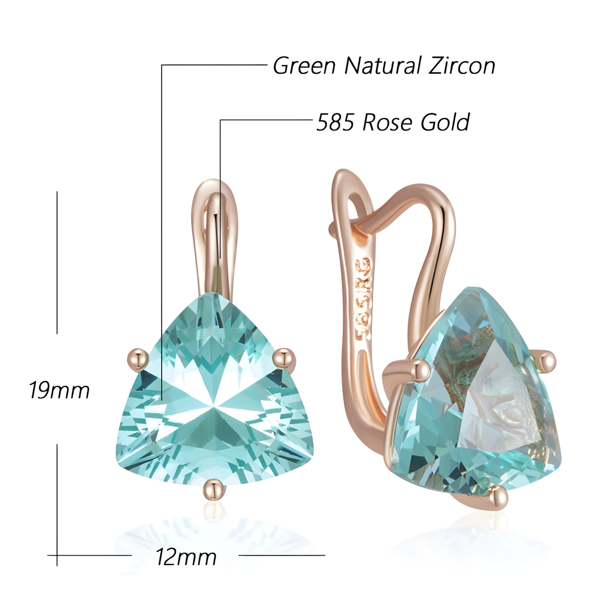 Green Natural Zircon Drop Earrings for Women, Copper Alloy 585 Rose Gold 1284