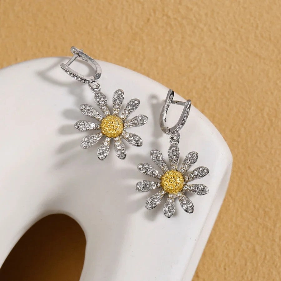 Daisy Flower Drop Earrings Women Zinc Alloy Metal Crystal Sunflower Design 1056