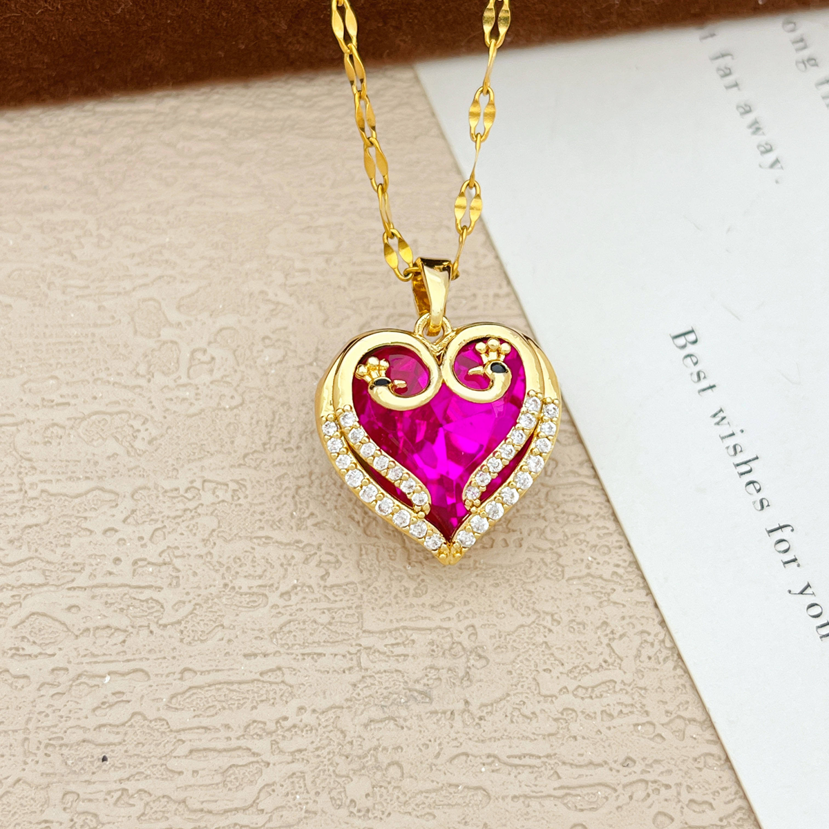 Womens Multi Color Crystal Heart Pendant Necklace 18K Gold Inlaid Zircon 1311