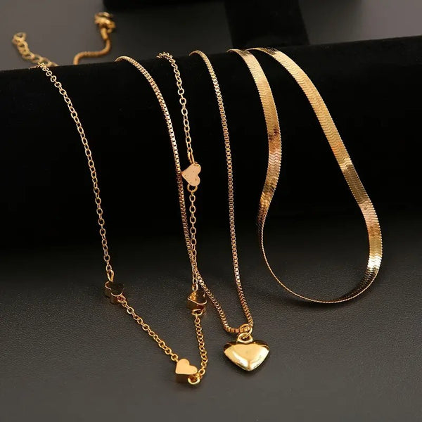 3 Pcs Heart Shape Charm Chain Stackable Three Layers Necklace Adjustable 93