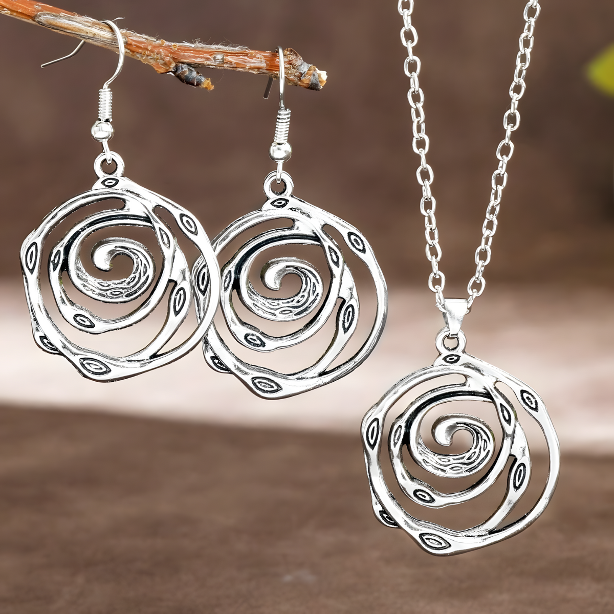 Spiral Rose Jewellery Set Women, Antique Silver Tone Hollow Floral Pendant 1716