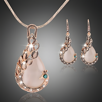 Vintage Cat Eye Stone Peacock Necklace & Earrings Set – Gold-Tone Water Drop 682