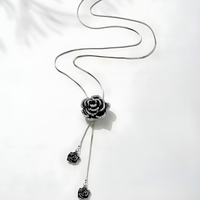 Black Rose Long Pendant Necklace for Women – Zinc Alloy Metal Chain 1211