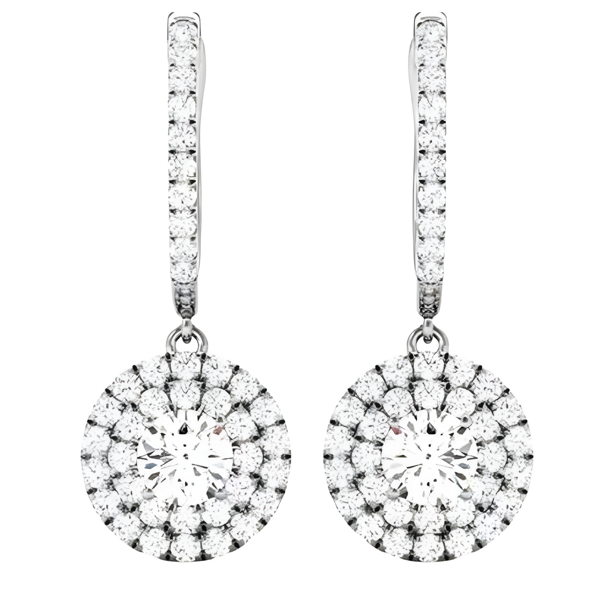 Rhodium-Plated Hoop Drop Earrings For Women With Round Cubic Zirconia Pave 1438