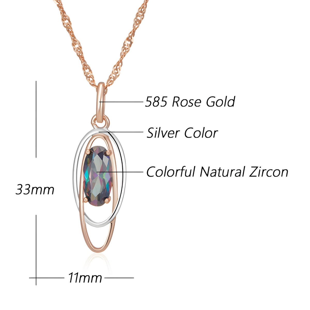 585 Rose Gold Color Oval Colorful Natural Zircon Pendant Necklace for Women 1274