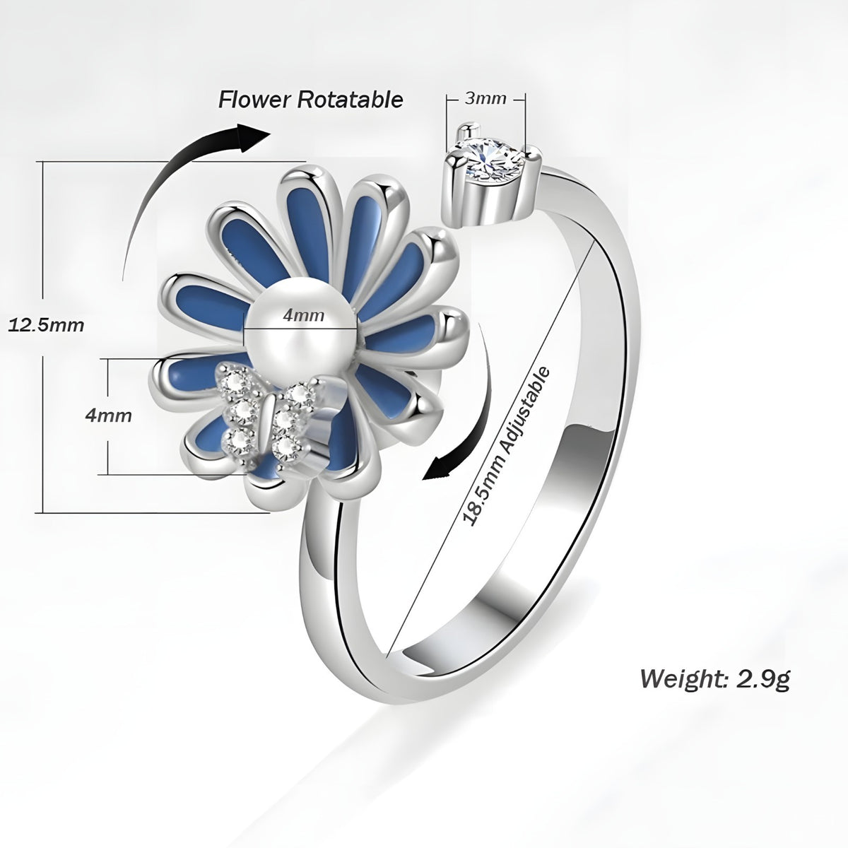 925 Sterling Silver Style, Rotating Flower, Pearl Center, Butterfly Accent 375