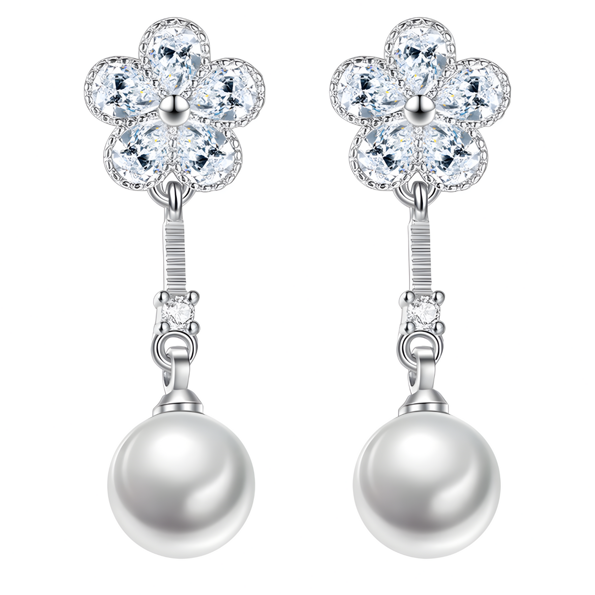 925 Silver-Plated Alloy Pearl Drop Earrings for Women – Flower CZ Crystal 996