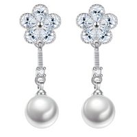 925 Silver-Plated Alloy Pearl Drop Earrings for Women – Flower CZ Crystal 996
