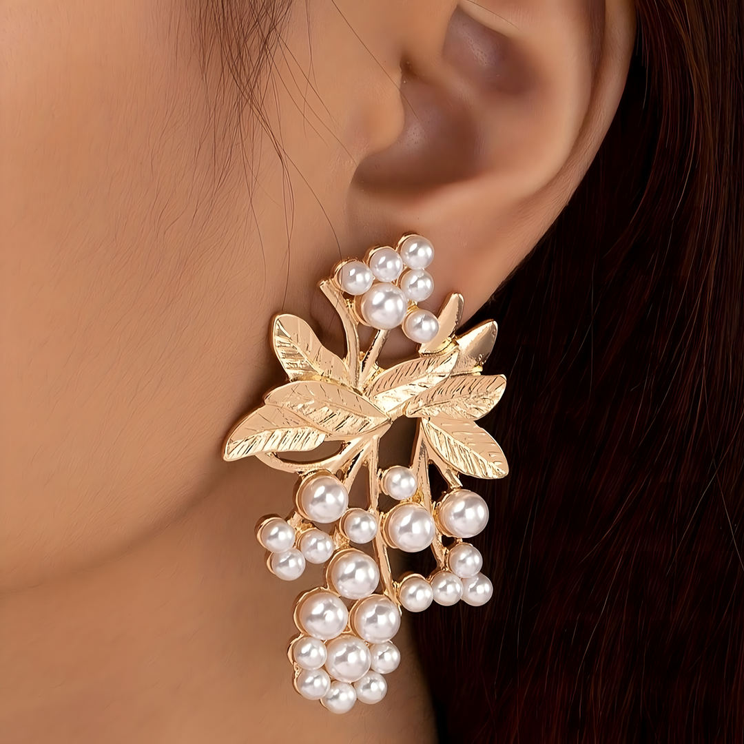 Pearl Cluster Leaf Earrings for Women –Trendy Gold-Tone Copper Stud Earrings 767