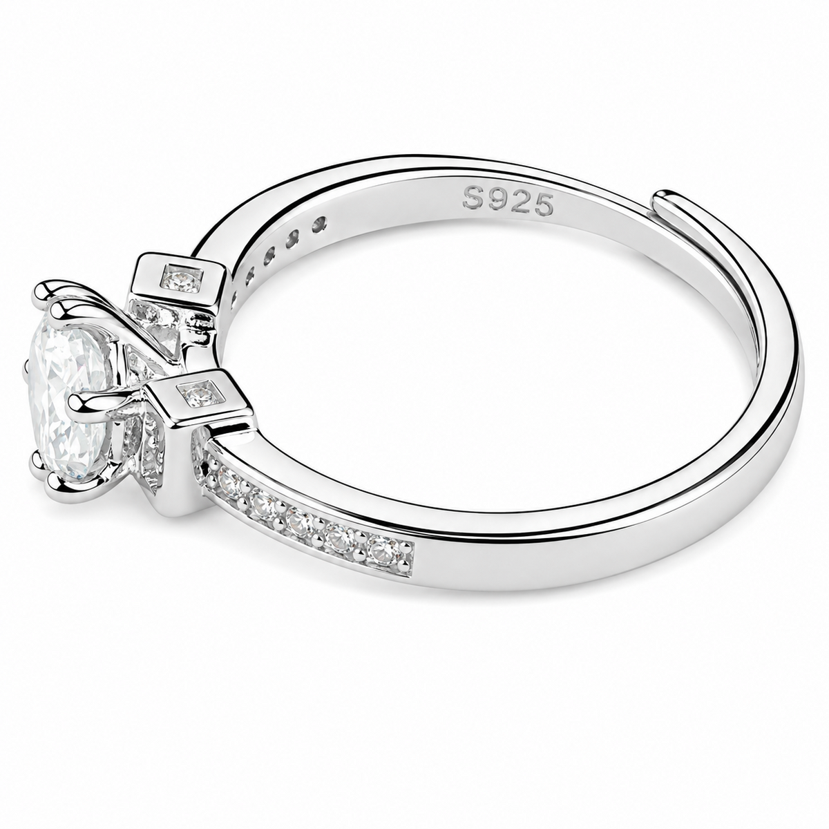 Adjustable Round Brilliant Zircon Engagement Ring, Silver Tone Solitaire 1608