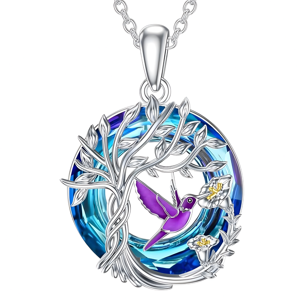 Tree of Life Hummingbird Necklace 925 Sterling Silver Pendant Blue Crystal - B57