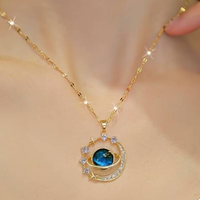 Gold-Plated Starry Planet Moon Pendant Necklace, Stainless Steel Celestial 152