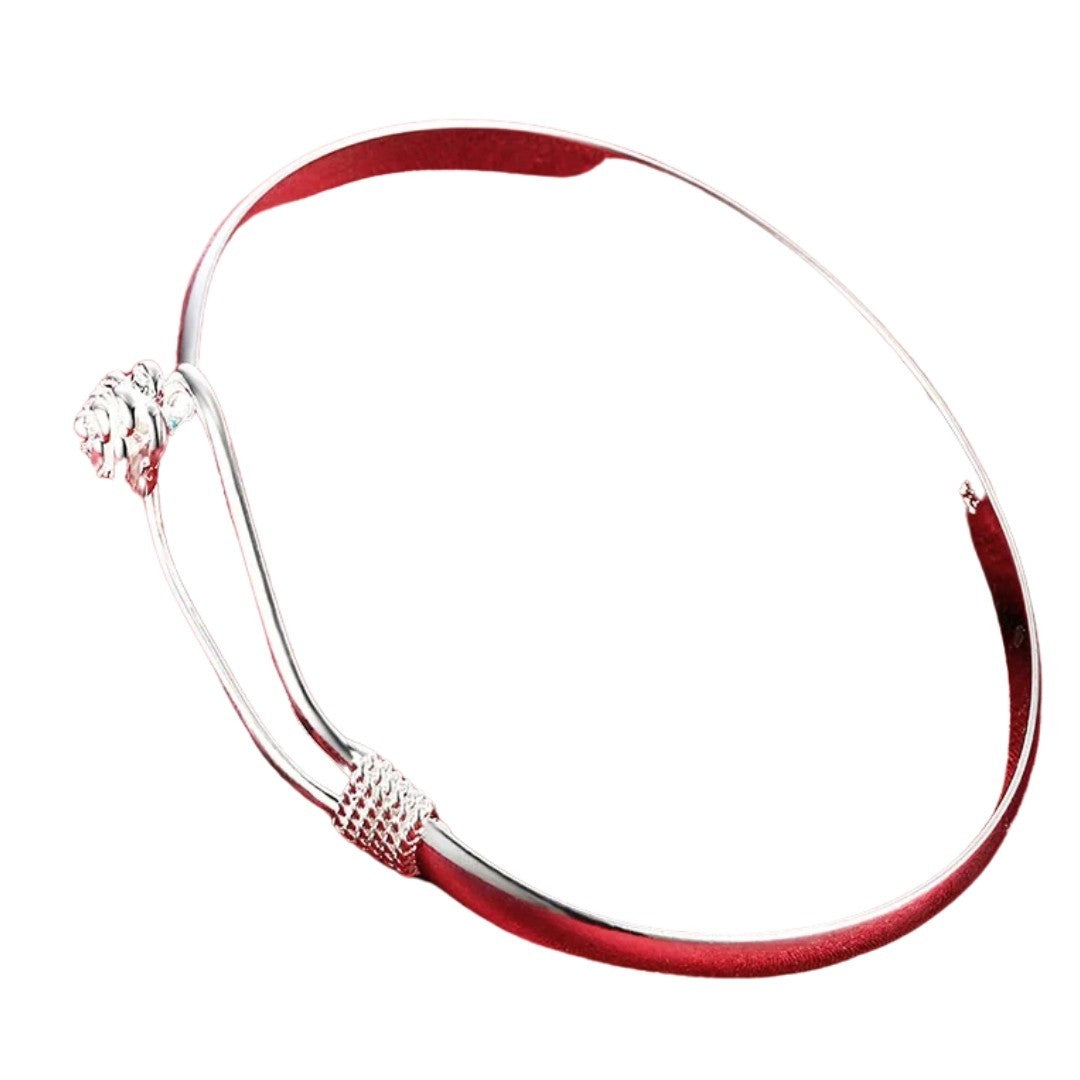 Women's Silver Bangle Bracelet with Rose Flower & Twist Knot Detail 418