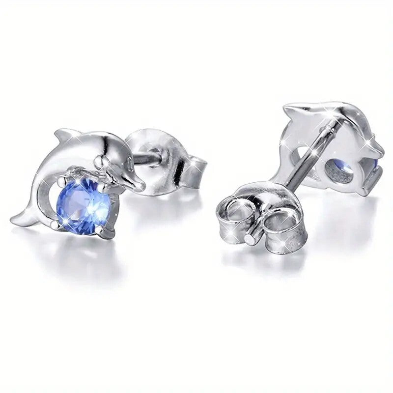 925 Silver Plated Round Cut SeaBlue Gemstone Cute Dolphin Stud Earrings 20 UK
