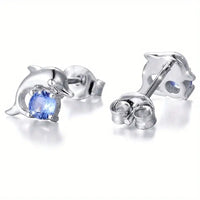 925 Silver Plated Round Cut SeaBlue Gemstone Cute Dolphin Stud Earrings 20 UK