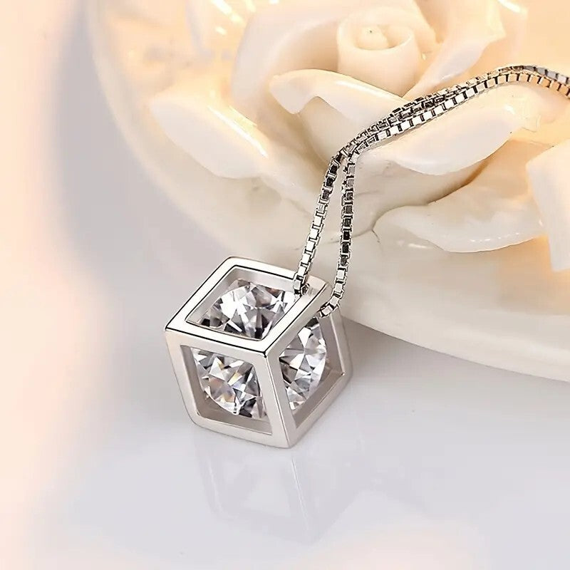 Hollow Cubic Shape Pendant Necklace Inlaid Shiny Zircon Pendant Necklace 71