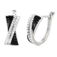 Modern Female Hoop Earrings: Black/White CZ X-Cross Two-Tone Design, 2cm 654