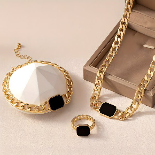 3-Piece Gold Colour Jewellery Set Chain Necklace, Bracelet & Adjustable Ring 728