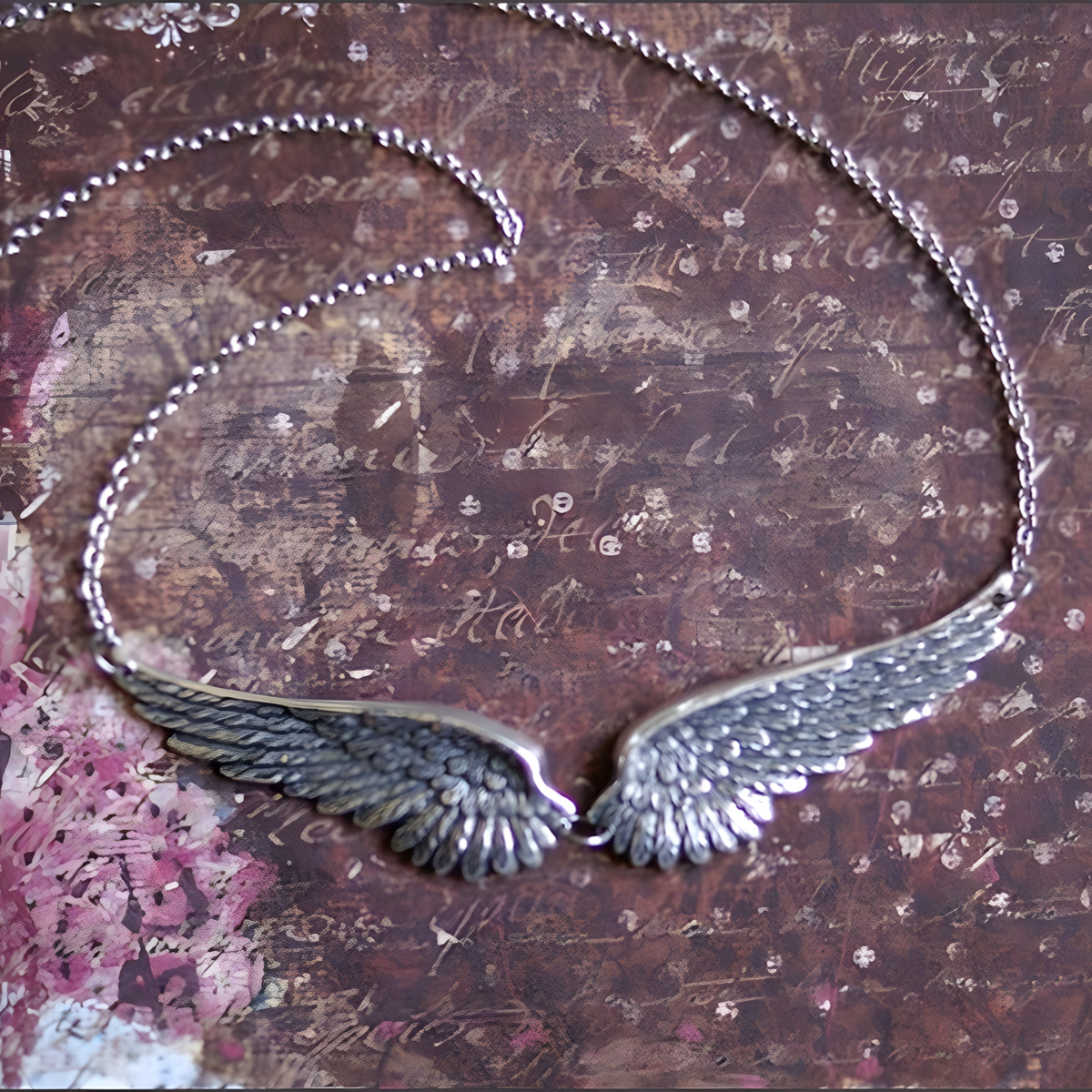Silver Tone Angel Wings Choker Necklace Feather Design Vintage Style B48